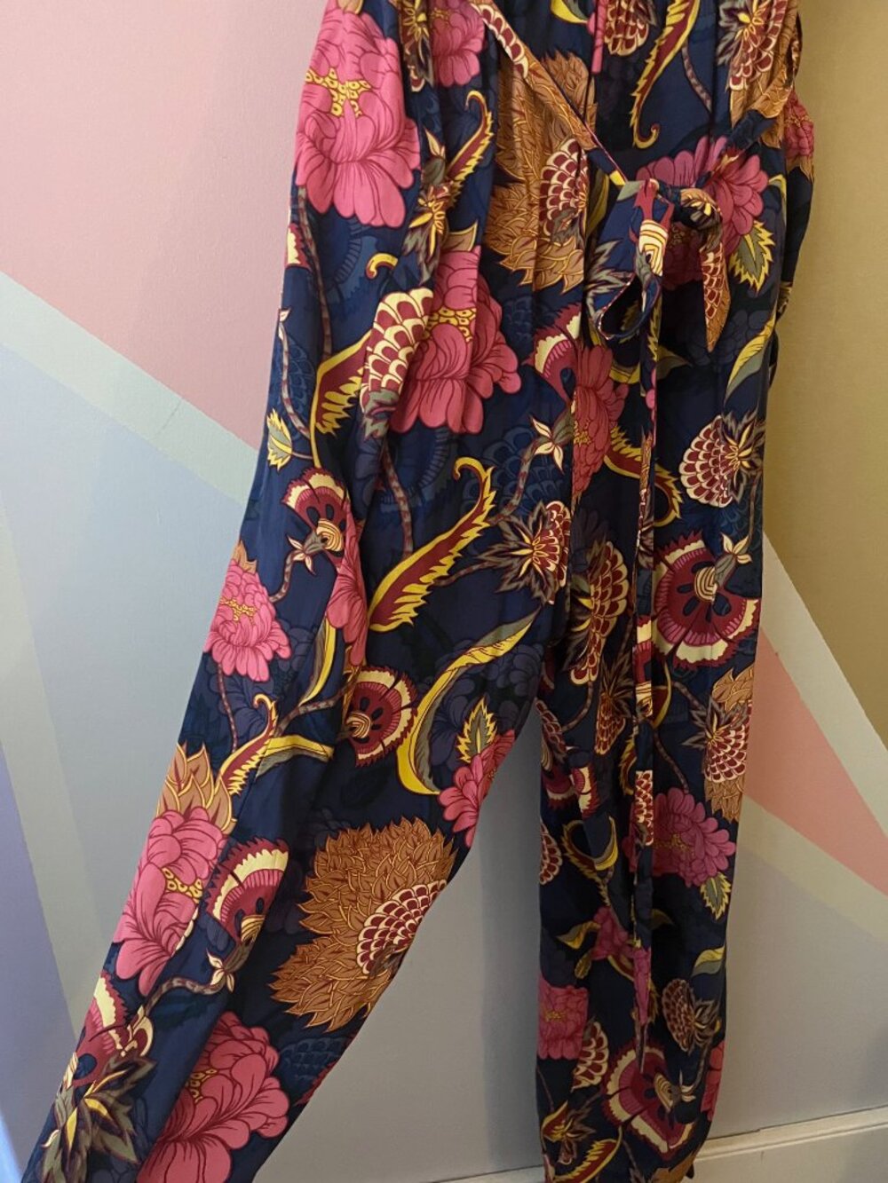 Jaase Womens Size Large Blue Floral Jumpsuit Sleeveless Cropped Boho Embroidere - Picture 2 of 4